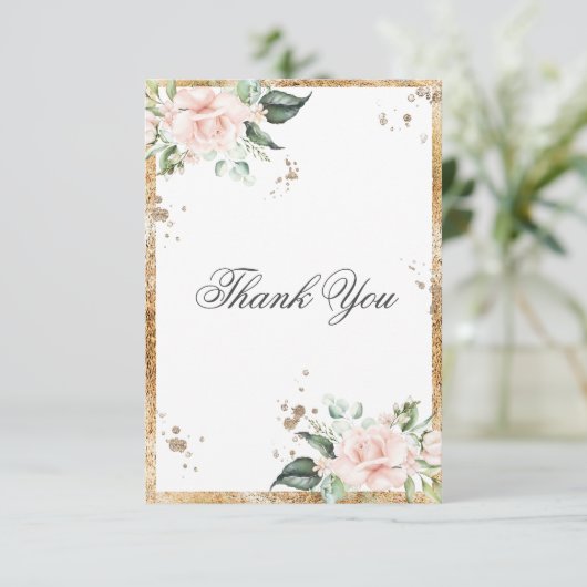 Elegant Floral Pink Gold Script Weddenschap Bedankkaart (Staand voorkant)