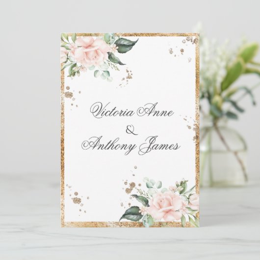 Elegant Floral Pink Gold Script Weddenschap Kaart (Staand voorkant)