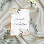 Elegant Floral Pink Gold Script Weddenschap Kaart<br><div class="desc">De bruid- en bruidenamen staan vooraan. We hebben waterverf bloemen toegevoegd in wazige roze met groen. We zijn klaar met deze uitnodiging met faux goudglitter spetters. Op de achterkant van deze mooie uitnodiging is een simpele uitnodiging met namen in script en trouwinformatie in typografie. Goudspetters zijn ook de achterkant van...</div>