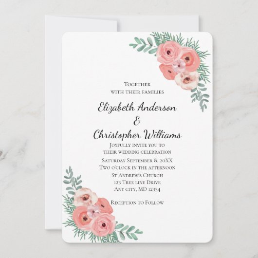Elegant Floral Pink Green Waterverf Wedding Kaart (Voorkant)