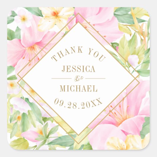 Elegant Floral Pink Green Wedding Dank je wel Vierkante Sticker (Voorkant)