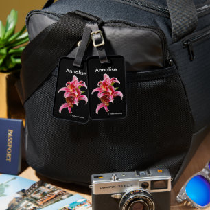 Elegant Floral Pink Oriental Lilies Bagagelabel