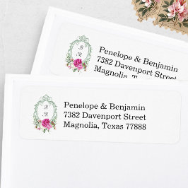 Elegant Floral Pink Peony Monogram Wedding Address Etiket