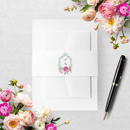 Elegant Floral Pink Peony Monogram Wedding Address Uitnodigingen Wikkel