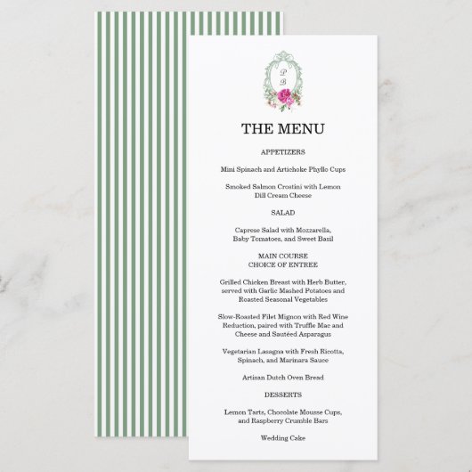 Elegant Floral Pink Peony Monogram Wedding Menu (Voorkant / Achterkant)