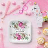 Elegant Floral Pink Peony Monogram Wedding Papieren Bordje (Feest)