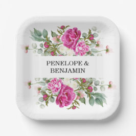 Elegant Floral Pink Peony Monogram Wedding Papieren Bordje