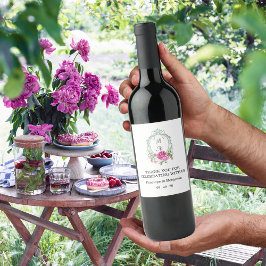 Elegant Floral Pink Peony Monogram Wedding Wijn Etiket