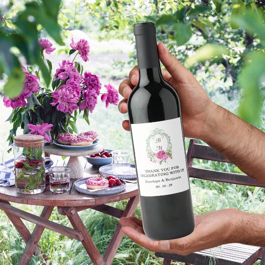 Elegant Floral Pink Peony Monogram Wedding Wijn Etiket