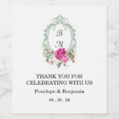 Elegant Floral Pink Peony Monogram Wedding Wijn Etiket (Enkel label)