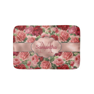 Elegant  Floral Pink Rose Gold Monogramed  Badmat