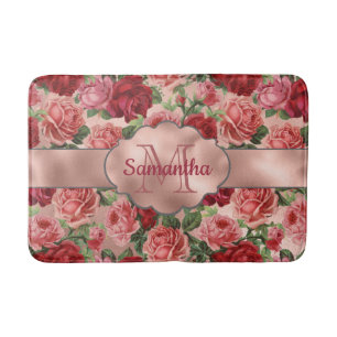 Elegant Floral Pink Rose Gold Monogramed Badmat