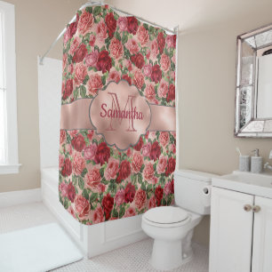 Elegant Floral Pink Rose Gold Monogramed Douchegordijn