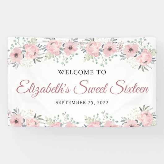 Elegant Floral Pink Rose Gold Sweet Sixteen Spandoek (Horizontaal)