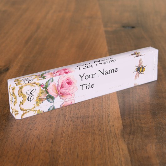 ELEGANT FLORAL, PINK ROSE, HONEY WORDT MONOGRAM Li Naambordje (Zijkant)
