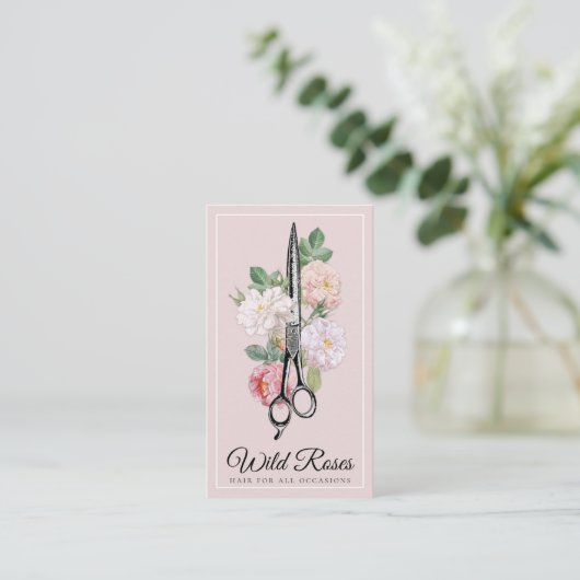 Elegant Floral Pink Roses Haarstylist Visitekaartje (Staand voorkant)