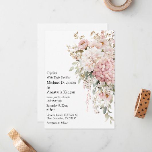 Elegant Floral Pink script Wedding Invitation Notitiekaartje (Voorkant / Achterkant in situ)