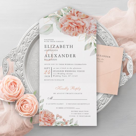 Elegant Floral Pink Waterverf Wedding All In One Uitnodiging