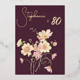 Elegant Floral Plum Blush 80th Birthday Rose Gold  Folie Uitnodiging
