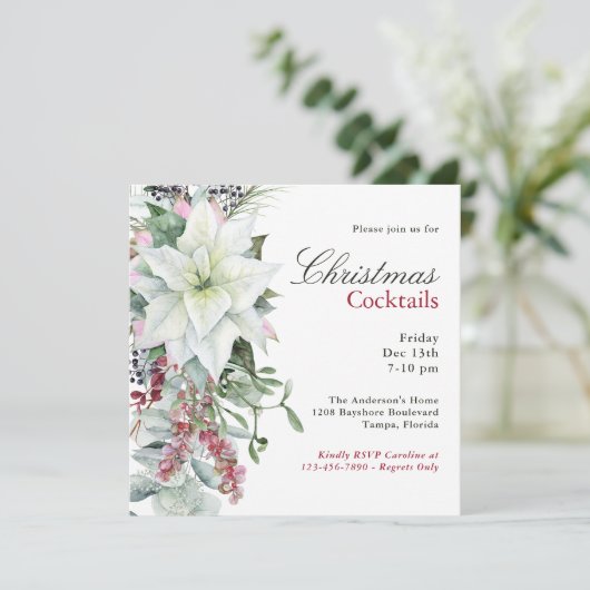 Elegant Floral Poinsettia Vakantie Cocktail Party Kaart (Staand voorkant)