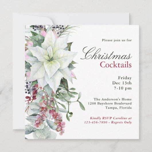 Elegant Floral Poinsettia Vakantie Cocktail Party Kaart (Voorkant)