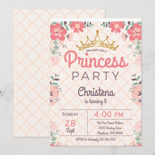 Elegant Floral Princess Birthday Party Invitation Kaart (Voorkant / Achterkant)