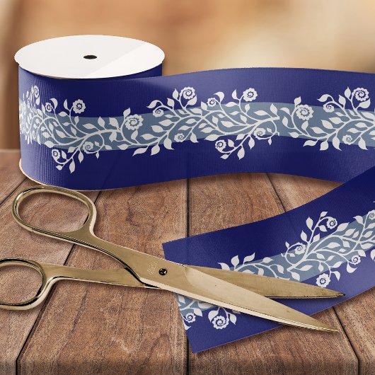 Elegant Floral Print Modern Navy & Dusty Blue Grosgrain Lint