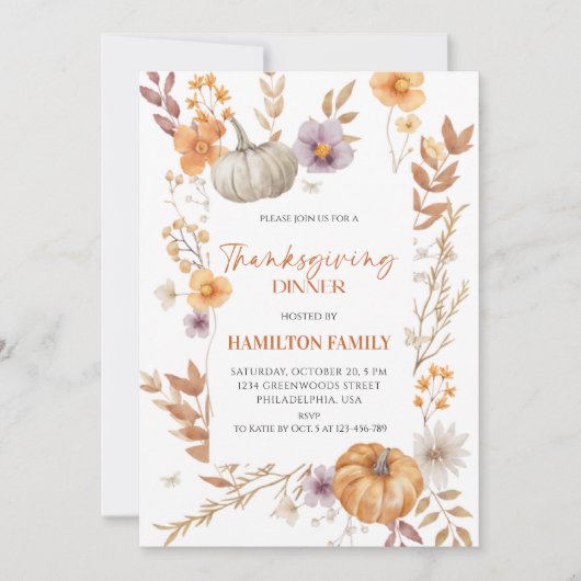 Elegant Floral Pumpkin Thanksgiving Dinner  Kaart (Voorkant)
