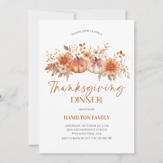 Elegant Floral pumpkin Thanksgiving Dinner party Kaart (Voorkant)