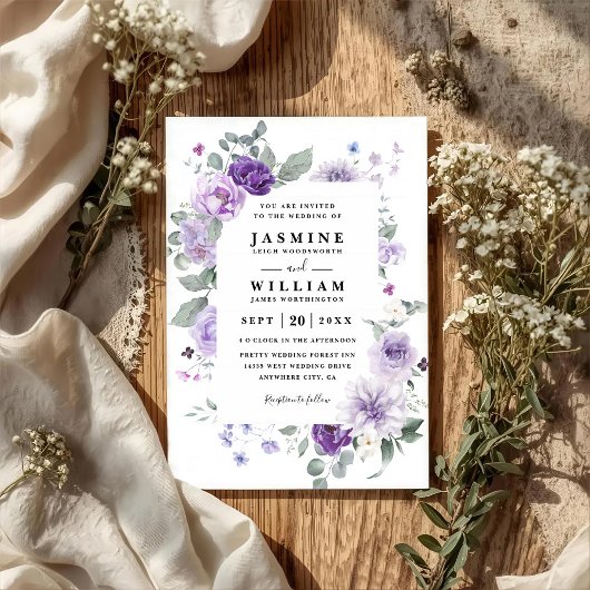 Elegant Floral Purple Rustic QR Code Wedding Kaart