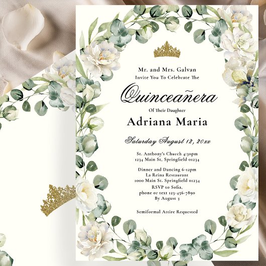 Elegant Floral Quinceanera Invitation Ivory Flower Kaart