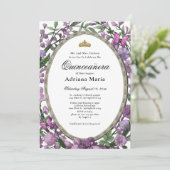 Elegant Floral Quinceanera Invitation Pink Flowers Kaart (Staand voorkant)
