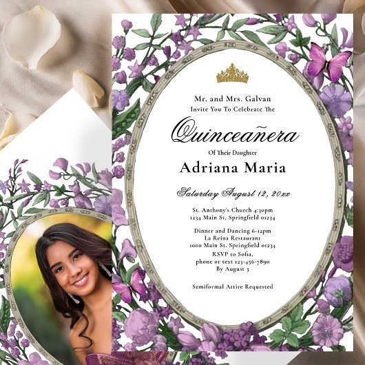 Elegant Floral Quinceanera Invitation Pink Flowers Kaart