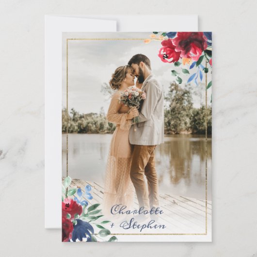 Elegant floral red blue script 5 foto's bruiloft kaart (Voorkant)