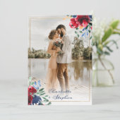 Elegant floral red blue script 5 foto's bruiloft kaart (Staand voorkant)