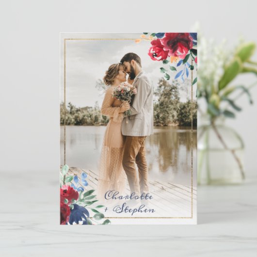 Elegant floral red blue script 5 foto's bruiloft kaart (Staand voorkant)
