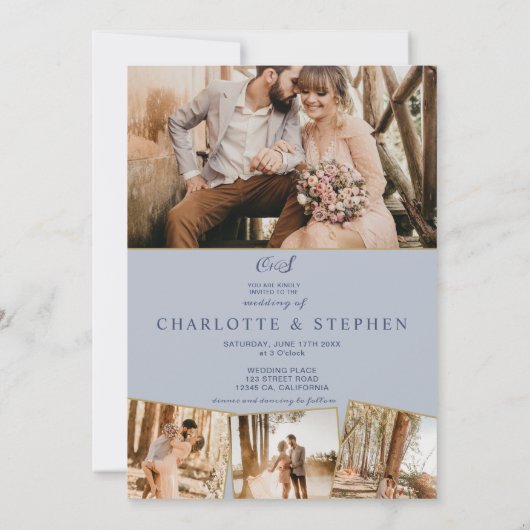 Elegant floral red blue script 5 foto's bruiloft kaart (Achterkant)