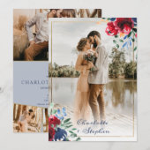 Elegant floral red blue script 5 foto's bruiloft kaart (Voorkant / Achterkant)