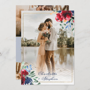 Elegant floral red blue script 5 foto's bruiloft kaart