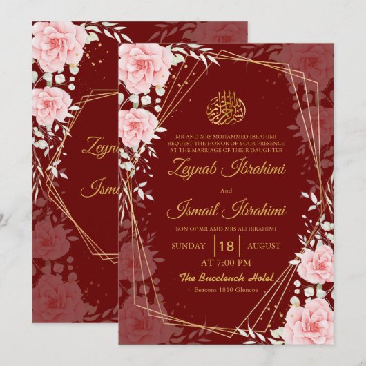 Elegant Floral Red Gold Islamic Muslim Wedding Kaart (Voorkant / Achterkant)
