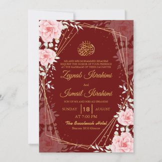 Elegant Floral Red Gold Islamic Muslim Wedding Kaart