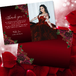 Elegant Floral Red Gold Quinceañera Birthday Foto Bedankkaart