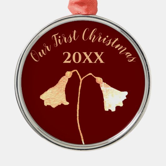 Elegant Floral Red Gold Romantic Eerste Kerstmis Metalen Ornament (Voorkant)