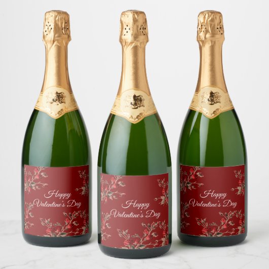 Elegant Floral Red Happy Valentine’s Day Sparkling Wijnetiket (Flessen)