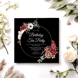 Elegant Floral Red Rose Gold Birthday Tea Kaart
