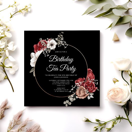 Elegant Floral Red Rose Gold Birthday Tea Kaart