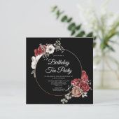 Elegant Floral Red Rose Gold Birthday Tea Kaart (Staand voorkant)