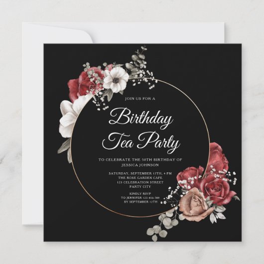 Elegant Floral Red Rose Gold Birthday Tea Kaart (Voorkant)