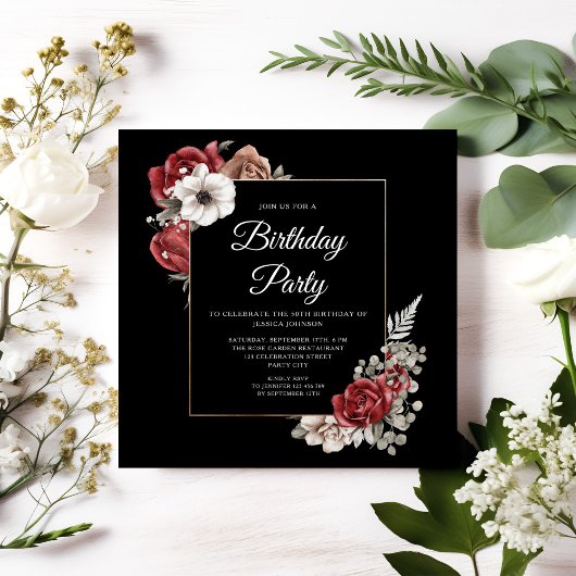 Elegant Floral Red Roses Gold Birthday Party Kaart