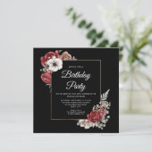 Elegant Floral Red Roses Gold Birthday Party Kaart (Staand voorkant)